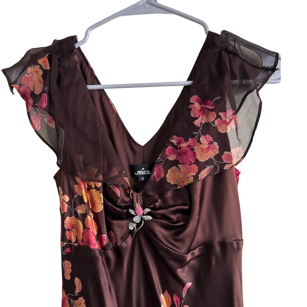 Mica Midi Y2K Dress 6 Brown Floral Silk Ruffle Rhinestone Pin Brooch Fairycore